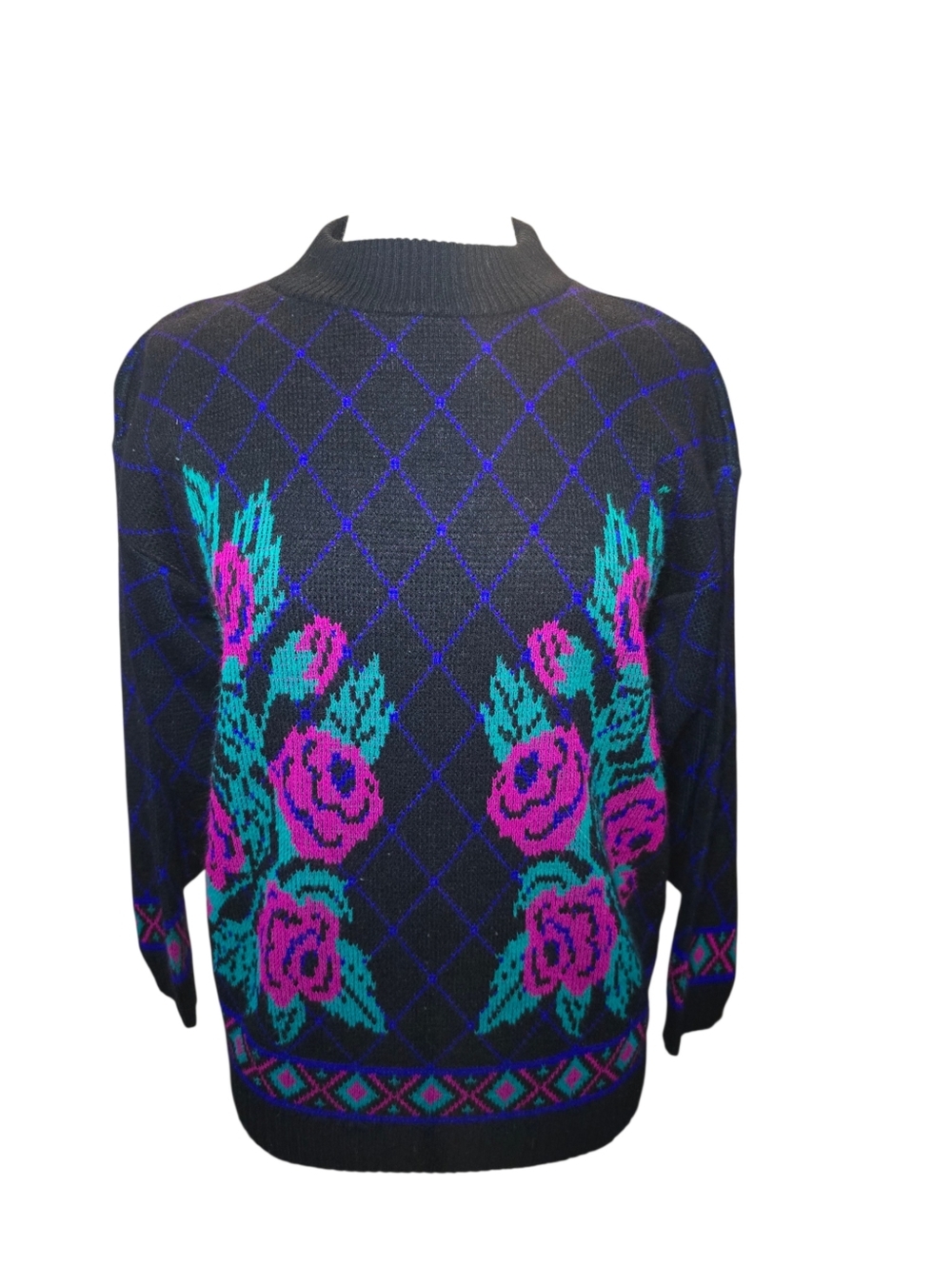 Vintage Liberty Knits Argyle Diamond Black Rose Floral Pullover Sweater Large